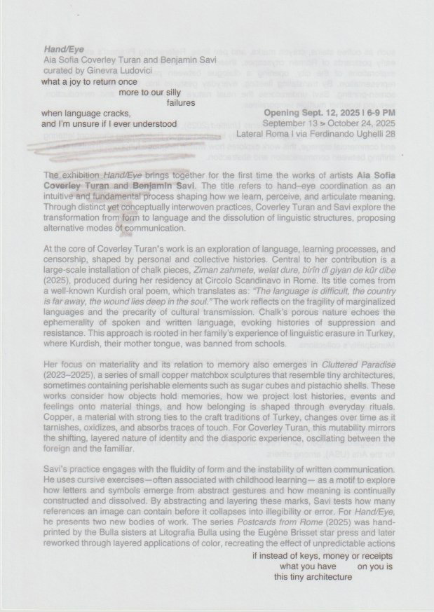 Photo taken at Aia Turan's exhibition entitled 'Hand/Eye'. Photo by Jacopo Rinaldi